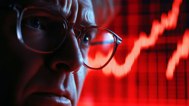 Senior professional against red financial graph backdrop.