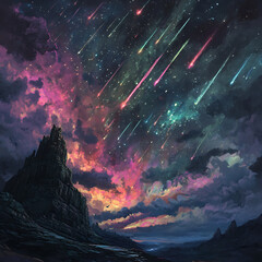 Fototapeta premium A fantastical sky cutting through the darkness with streaks of neon meteor showers(2)