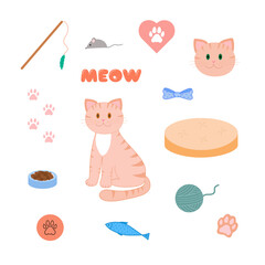 Cute Cat Design with Toys and Accessories on White Background