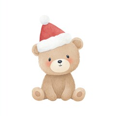 Adorable Watercolor Christmas Bear in Santa Hat, Sitting Sweetly