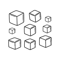 Vector hand-drawn doodle cute simple black outline illustration of eight scattered floating cubes with minimal 3D edge lines in bold minimalist cartoon style on white background