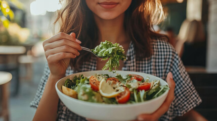 Young woman enjoying a fresh salad outdoors in a cozy setting.