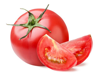 Ripe tomato and slices on a white background. Isolated