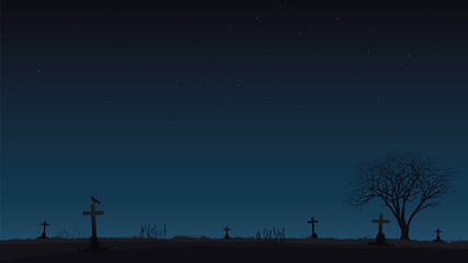 Minimalist graveyard landscape with silhouette dead tree and nigh sky background graphic illustration have blank space.