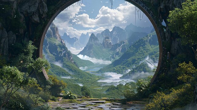 Fantasy landscape framed by a circular portal with majestic mountains towering in the distance