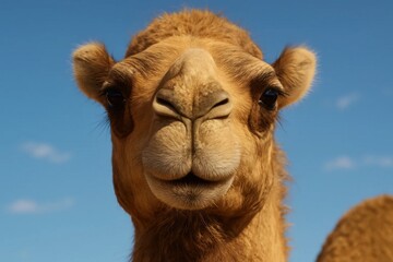 A camel's serene expression under a clear sky