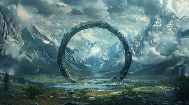 Fantasy landscape framed by a circular portal with majestic mountains towering in the distance