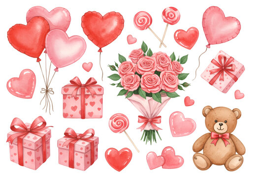 Illustration of Valentine's Day Gifts Hearts Roses and a Teddy Bear