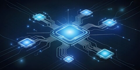 Cybernetic Neural Network with Glowing Blue Circuits and Futuristic UI Elements on Digital Tech Mesh Background in High-Tech Sci-Fi Style