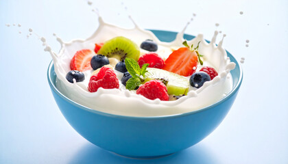 Yogurt with Fruit and Splash for Healthy Breakfast in blue bowl