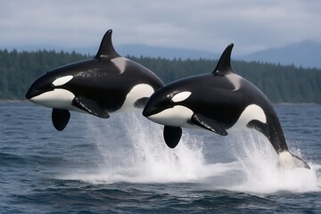 Obraz premium Two Orcinus orcas in a Display of Powerful Aquatic Acrobatics