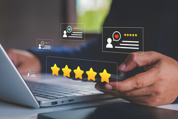 Online customer service review. Satisfaction survey with client feedback experience. Client using phone and laptop. Business rating and evaluation. Digital platform. Technology product analysis