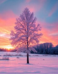 A frosty winter tree stands alone in a snowy field under a pastel sunrise sky, glowing in soft pink and purple hues – AI Generated Digital Art