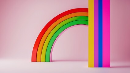 Modern abstract rainbow arch and vertical stripes in vibrant colors against a soft pink background