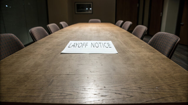 Economic crisis job loss,employment layoff concept. Layoff notice empty conference room job loss. worker unemployment,fired employee,corporate,recession,cut,termination,notice,downsizing,staff
