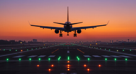An Aircraft Landing against a Colorful Sunset Sky.