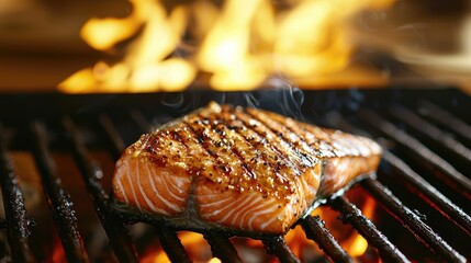 Juicy Salmon Steak Cooking on a Hot Grill