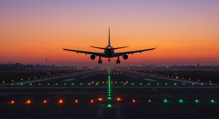 A Passenger Jet Approaching an Airport Runway at Dusk.