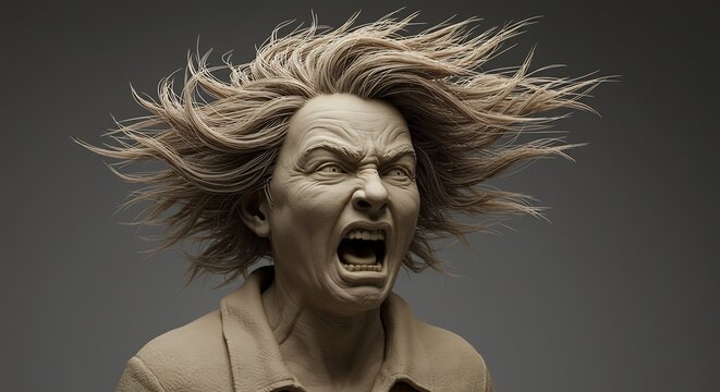 A screaming beige monochromatic sculpture of a person with wildly windswept hair against a dark grey background - Powered by Adobe