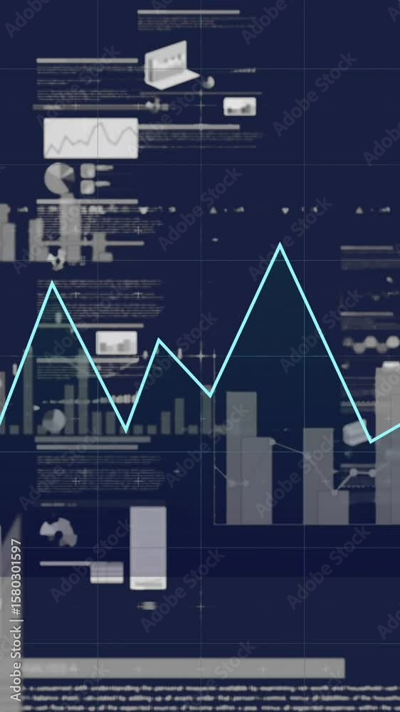 Poster financial data charts and graphs animation over digital interface background