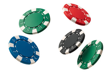 Collection of colorful casino poker chips floating in the air isolated on transparent background