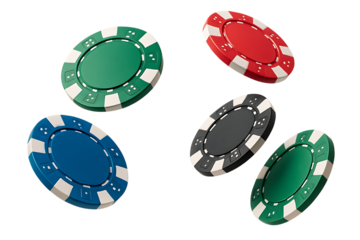 Collection of colorful casino poker chips floating in the air isolated on transparent background