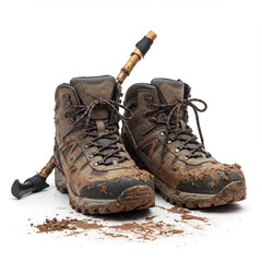 Muddy Hiking Boots and Walking Stick Isolated on White Background, High Detail. 