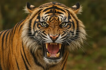 Fototapeta premium Fierce determination captured in the eyes of a tiger, its roar echoing through the forest