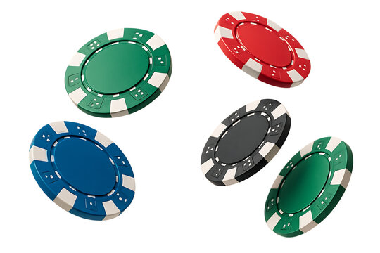 Collection of colorful casino poker chips floating in the air isolated on transparent background