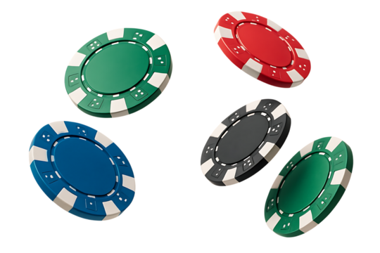 Collection of colorful casino poker chips floating in the air isolated on transparent background