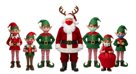 Illustration Group of Santa and Elves Wearing Protective Mask Costume