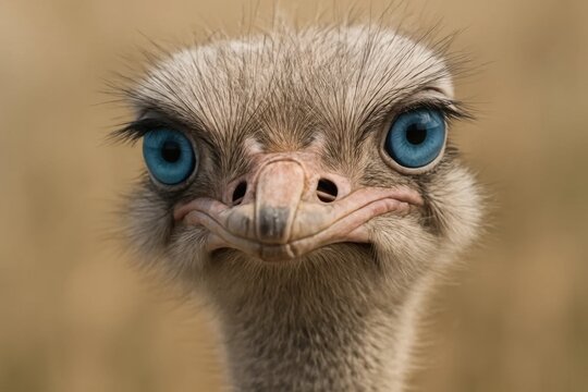A close-up of an ostrich's face reveals a striking blue eye amidst its textured grey plumage