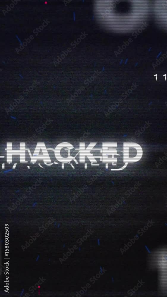 Poster Hacked text animation over binary code and glitch effects on dark background