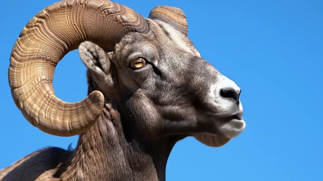 Majestic Bighorn Sheep with Large Curled Horns on Clear Blue Sky Close Up
