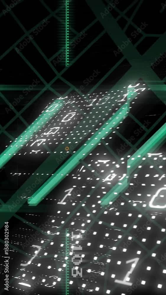 Poster Binary code and digital data processing animation over geometric shapes and grids