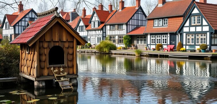 Quaint duck house on Nordby Samsoe pond, traditional Jutland half-timbered houses background,  rural,   waterfowl