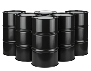  Set of Black Bitumen Drums in Upright Row, Front View with Glossy Texture, Isolated on Transparent Background.