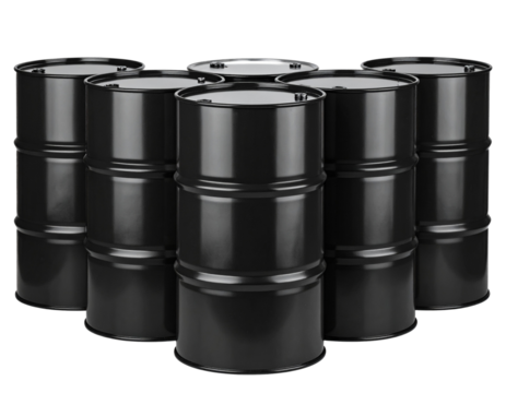  Set of Black Bitumen Drums in Upright Row, Front View with Glossy Texture, Isolated on Transparent Background.