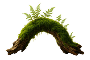 Curved weathered wood covered in lush green moss and ferns isolated on transparent background