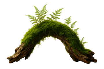 Curved weathered wood covered in lush green moss and ferns isolated on transparent background