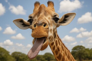 Naklejka premium A giraffe's playful tongue peeks out against a serene blue sky dotted with fluffy clouds