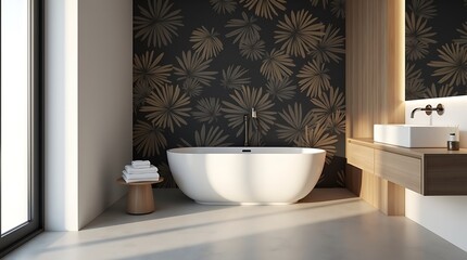 Fototapeta premium Chic bathroom with a patterned accent wall and a white bathtub