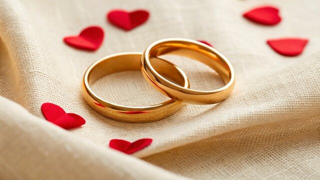 Wedding rings and red hearts on fabric background, close up - Powered by Adobe