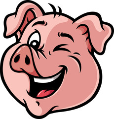 Vector Cartoon Hand Drawn Winking Happy Pig Face