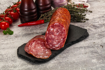 Italian pork Salchichon sausage with slices