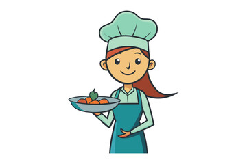 A cheerful cartoon female chef wearing a light blue uniform and toque proudly presenting a platter of fresh oranges