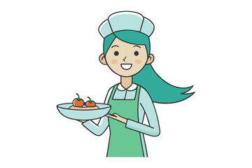 Friendly cartoon chef with teal hair and apron presents a plate of two red tomatoes with green stems on a white background