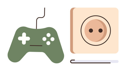 Green gaming controller with cable next to a beige power outlet and plug. Ideal for gaming, technology, entertainment, connectivity, energy usage, modern leisure, simple flat metaphor