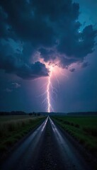 Dramatic Thunderstorm Raging Over Dark Landscape, Lightning Illuminates Turbulent Clouds and Heavy Rain, Evoking Wild Untamed Nature