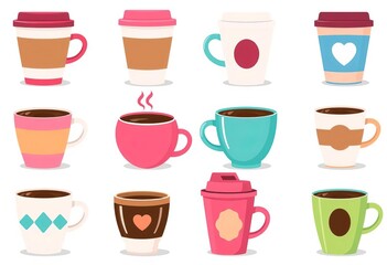 Fototapeta premium Set of cute trendy coffee cups, various shapes & colors, flat vector illustration, mugs, simple